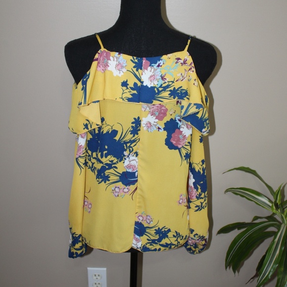 Papaya mustard open shoulder floral blouse - Picture 5 of 7